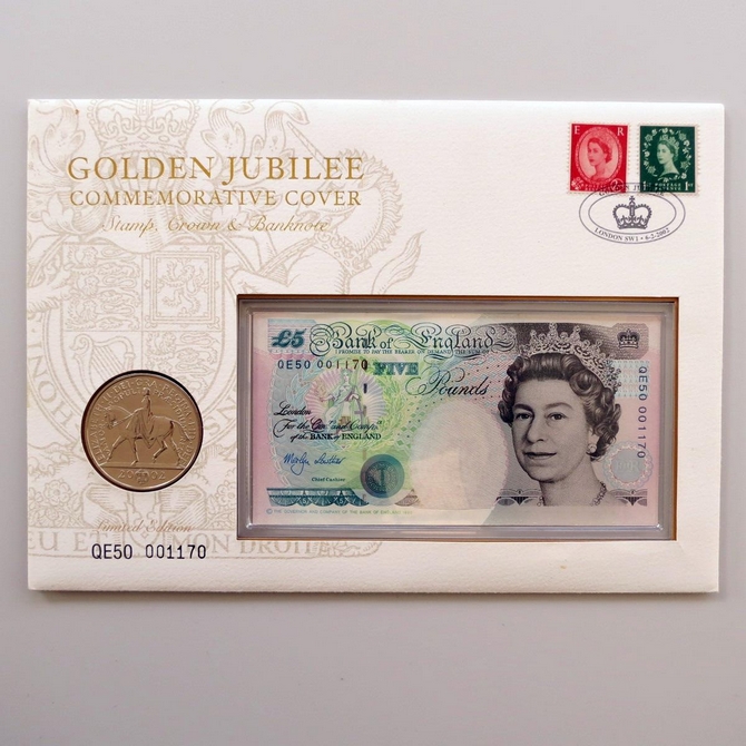 2002 Golden Jubilee 5 Pounds Banknote & 5 Pounds Coin Cover - Royal Mail First Day Cover