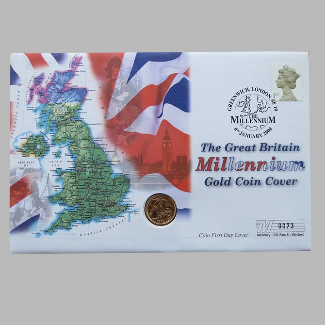 2000 Great Britain Millennium 22ct Gold Half Sovereign Coin Cover - First Day Cover Mercury