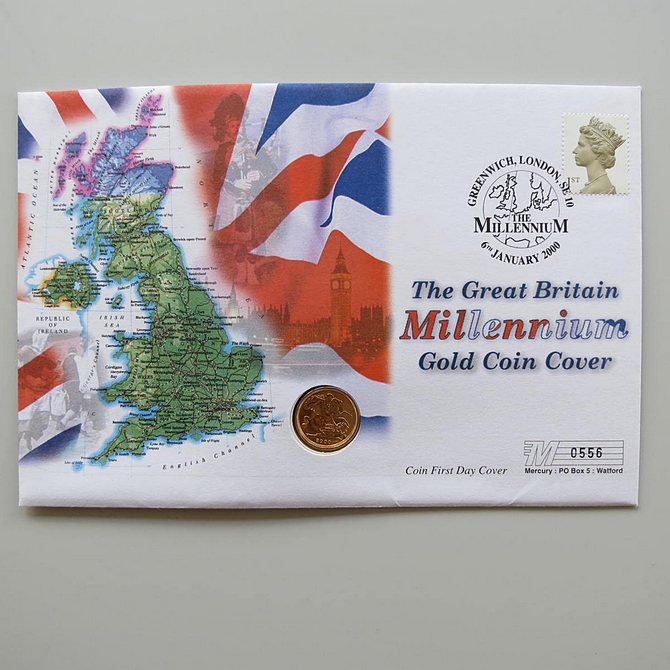 2000 Great Britain Millennium 22ct Gold Half Sovereign Coin Cover - First Day Cover Mercury