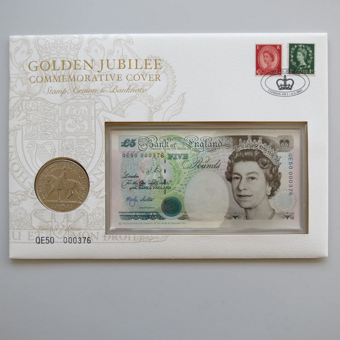 2002 Golden Jubilee 5 Pounds Banknote & 5 Pounds Coin Cover - Royal Mail First Day Cover