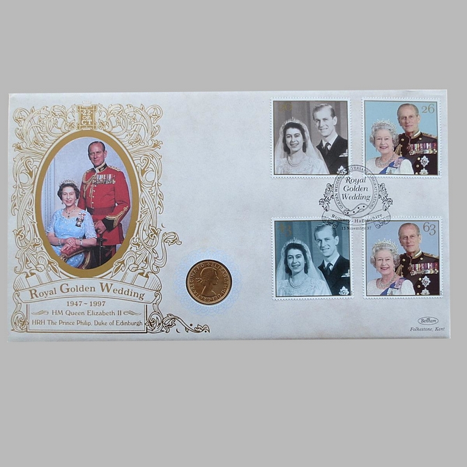 1997 Royal Golden Wedding Anniversary 1958 Gold Sovereign Coin Cover - Benham Covers