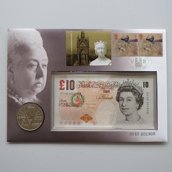 2001 Queen Victoria 10 Pounds Banknote 5 Pounds Coin Cover - Royal Mail First Day Cover