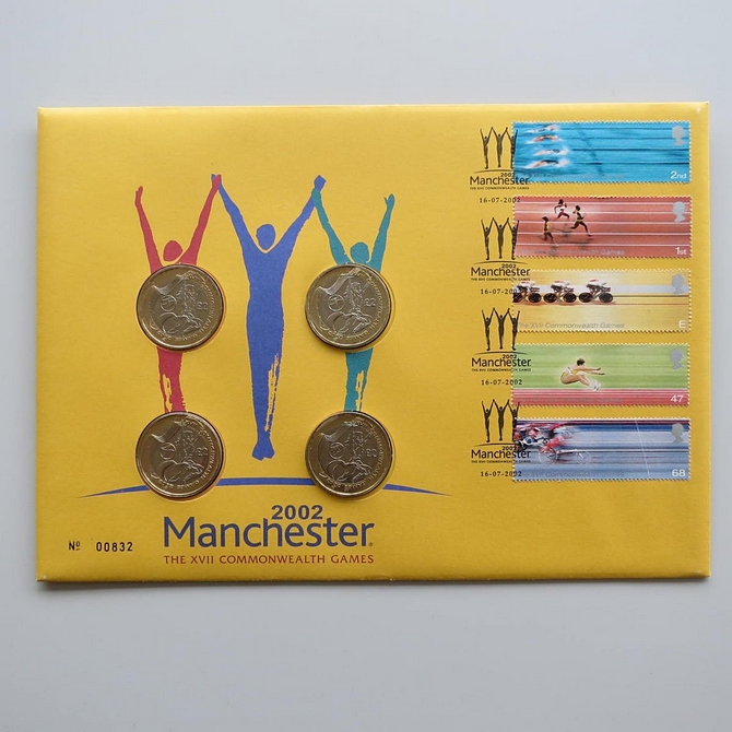 2002 Manchester Commonwealth Games 4x 2 Pounds Coin Cover - Royal Mail First Day Covers