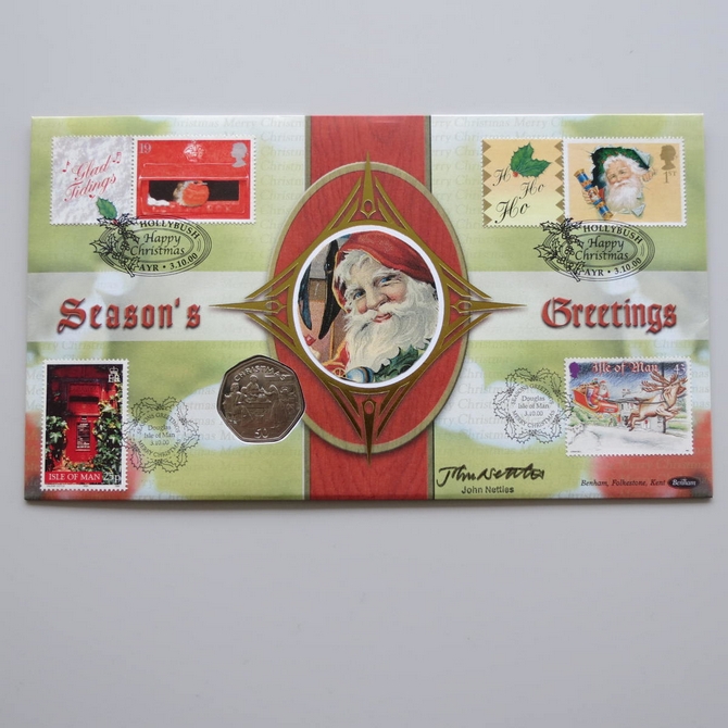 2000 Christmas Greetings IOM 50p Pence Coin Cover - Benham First Day Cover - Signed