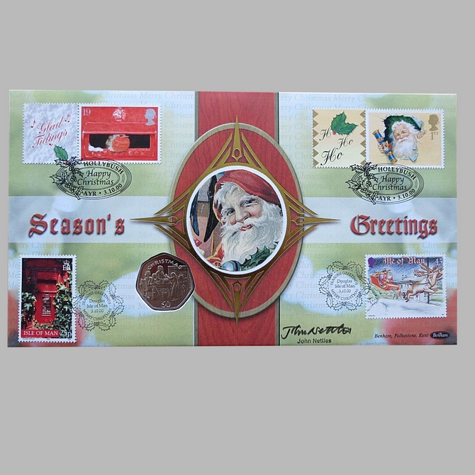 2000 Christmas Greetings IOM 50p Pence Coin Cover - Benham First Day Cover - Signed