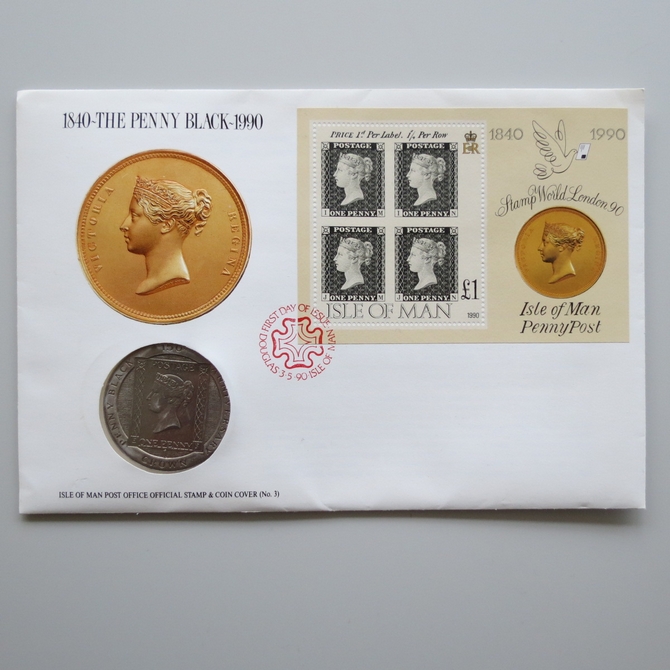 1990 The Penny Black Stamp One Crown Coin Cover - Isle of Man First Day Covers