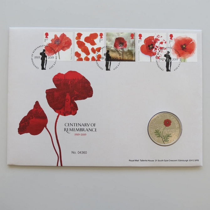 2019 Centenary of Remembrance 5 Pounds Coin Cover - Royal Mail First Day Cover