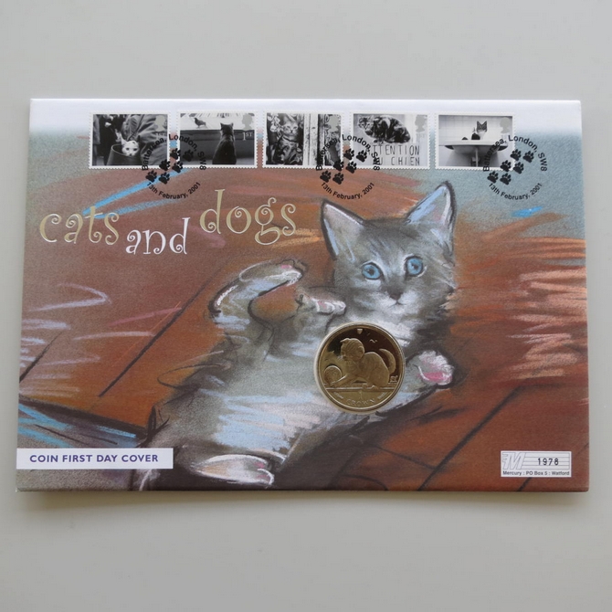 2001 Cats and Dogs Isle of Man Cat 1 Crown Coin Cover - UK PNC First Day Covers