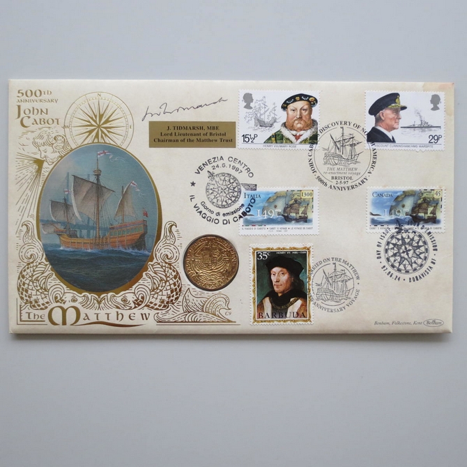 1997 John Cabot Discovery of North America Coin Cover - Benham First Day Cover - Signed