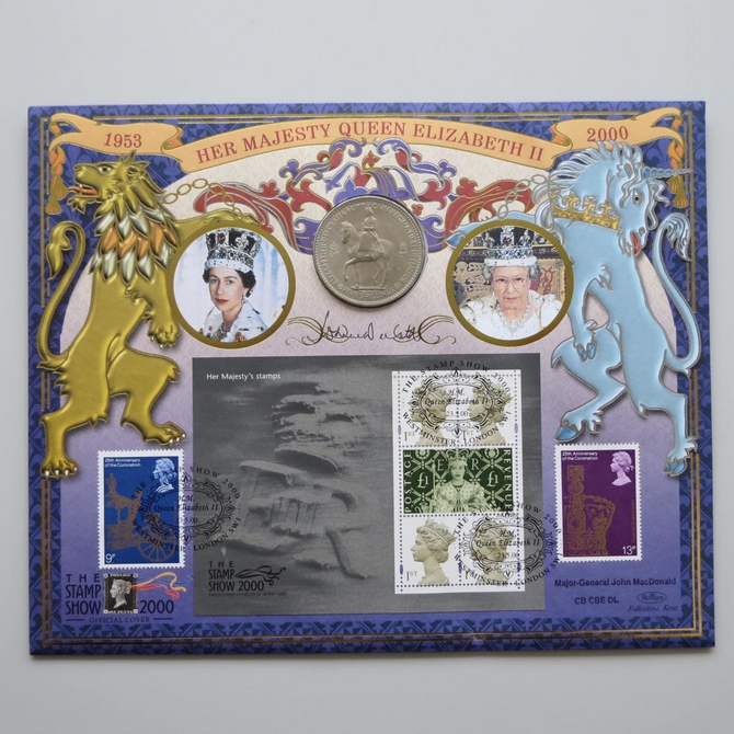 2000 The Stamp Show Queen Elizabeth II 5 Shillings Coin Cover - Benham First Day Cover - Signed