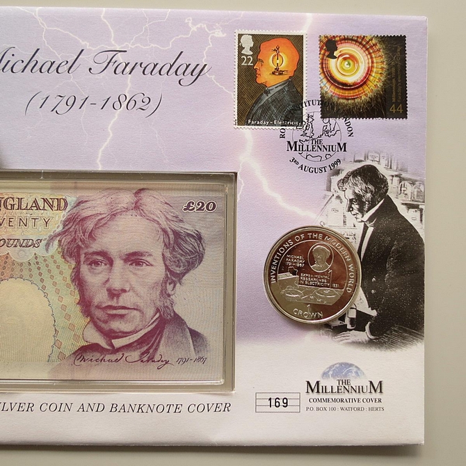 1999 Michael Faraday Silver Crown Coin & 20 Pounds Banknote Cover ...