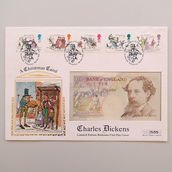 1993 Charles Dickens A Christmas Carol 10 Pounds Banknote Cover Mercury First Day Cover