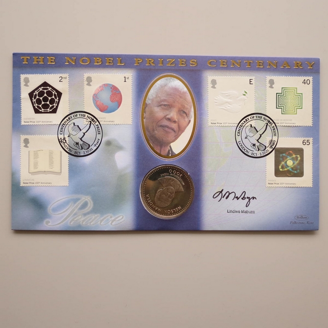 2001 Nobel Prize Centenary Nelson Mandela 25 Shillings Coin Cover - Benham First Day Cover Signed