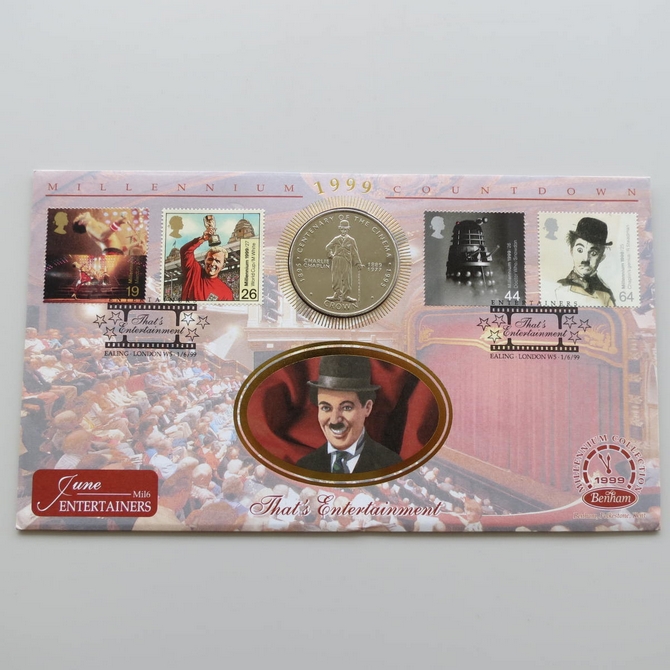 1999 Millennium Countdown Entertainers Gibraltar 1 Crown Coin Cover - Benham First Day Cover