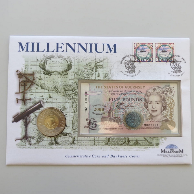 1999-2000 Millennium Banknote 5 Pound Coin Cover - Guernsey First Day Cover