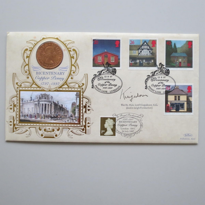 1997 Copper Penny Bicentenary One Penny Coin Cover - Benham First Day Cover - Signed