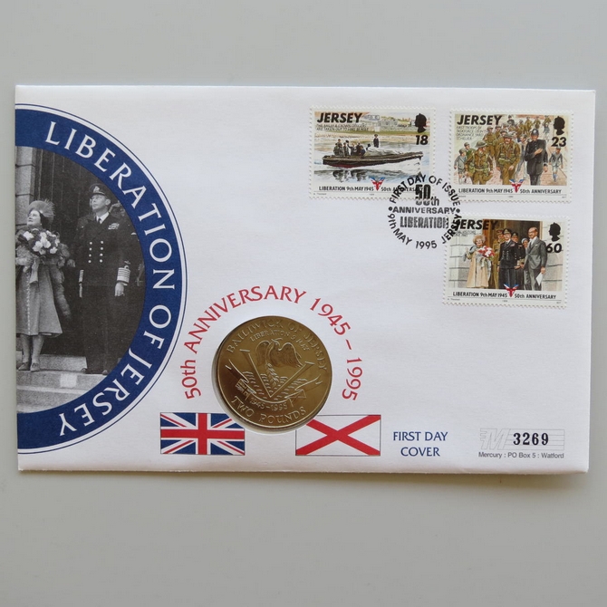 1995 Liberation of Jersey 50th Anniversary End of WWII 2 Pounds Coin Cover - PNC First Day Covers