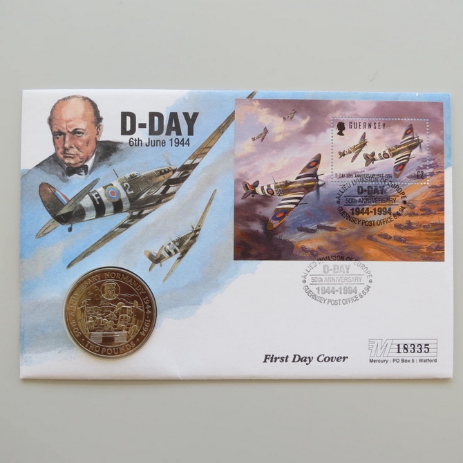 1994 D-Day Landings 50th Anniversary Guernsey 2 Pounds Coin First Day Cover