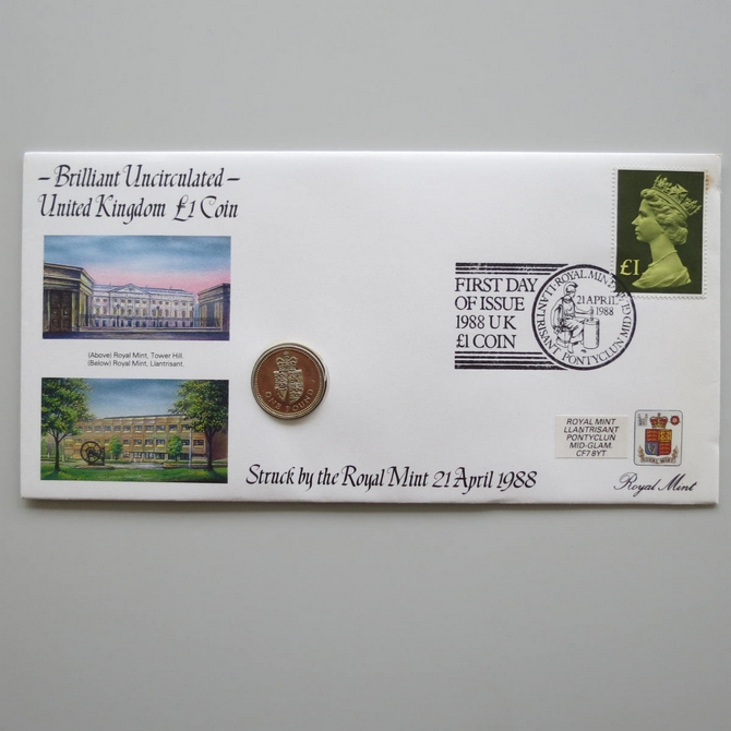 1988 Royal Mint Tower Hill to Llantrisant 1 Pound Coin Cover - UK PNC First Day Covers