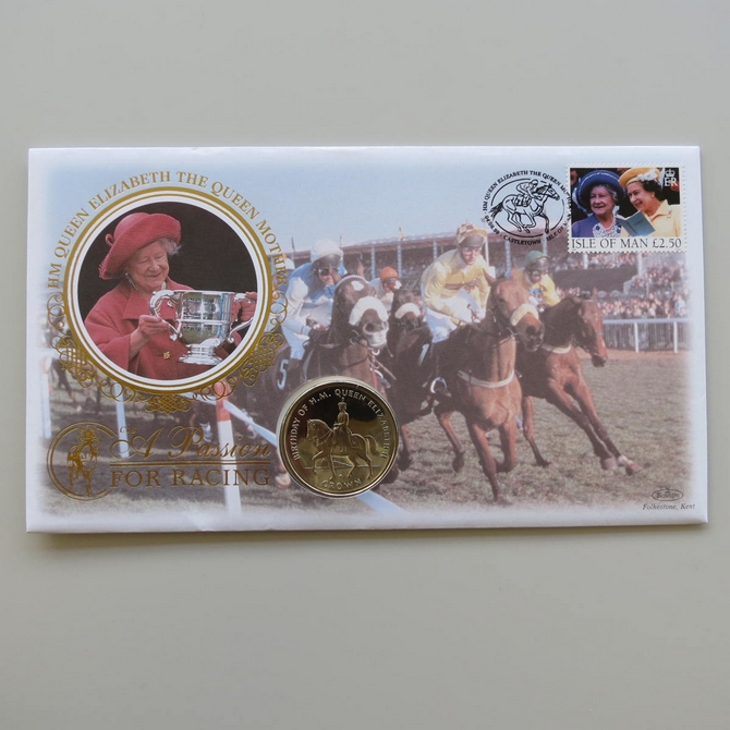 1998 A Passion for Racing HM The Queen Mother 1 Crown Coin Cover - Benham First Day Cover Isle of Man