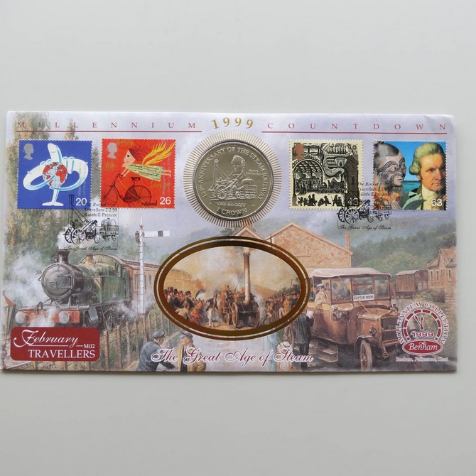 1999 Millennium Countdown Travellers 1 Crown Coin Cover - Benham First Day Cover