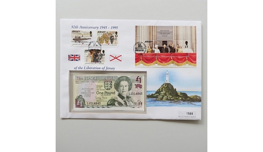 1995 Liberation of Jersey 50th Anniversary 1 Pound Banknote Cover - First Day Cover Mercury