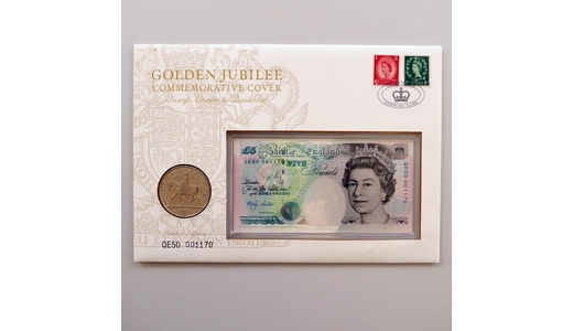 2002 Golden Jubilee 5 Pounds Banknote & 5 Pounds Coin Cover - Royal Mail First Day Cover