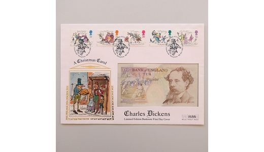 1993 Charles Dickens A Christmas Carol 10 Pounds Banknote Cover Mercury First Day Cover