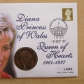 1997 Diana Princess of Wales Queen of Hearts Medal Cover - Mercury First Day Cover